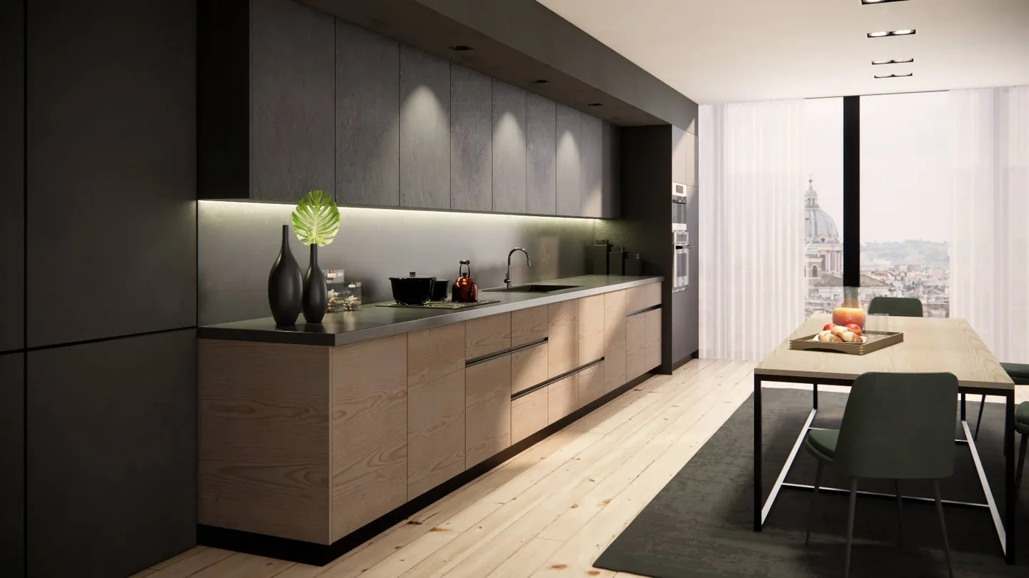 Charcoal and wood kitchen with handleless fronts, a dark worktop, dining table and tall windows overlooking the city.