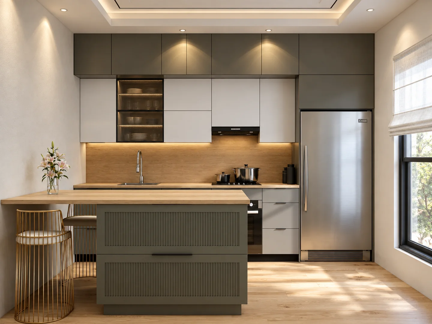 Compact grey-green kitchen with a timber counter and fluted peninsula front.