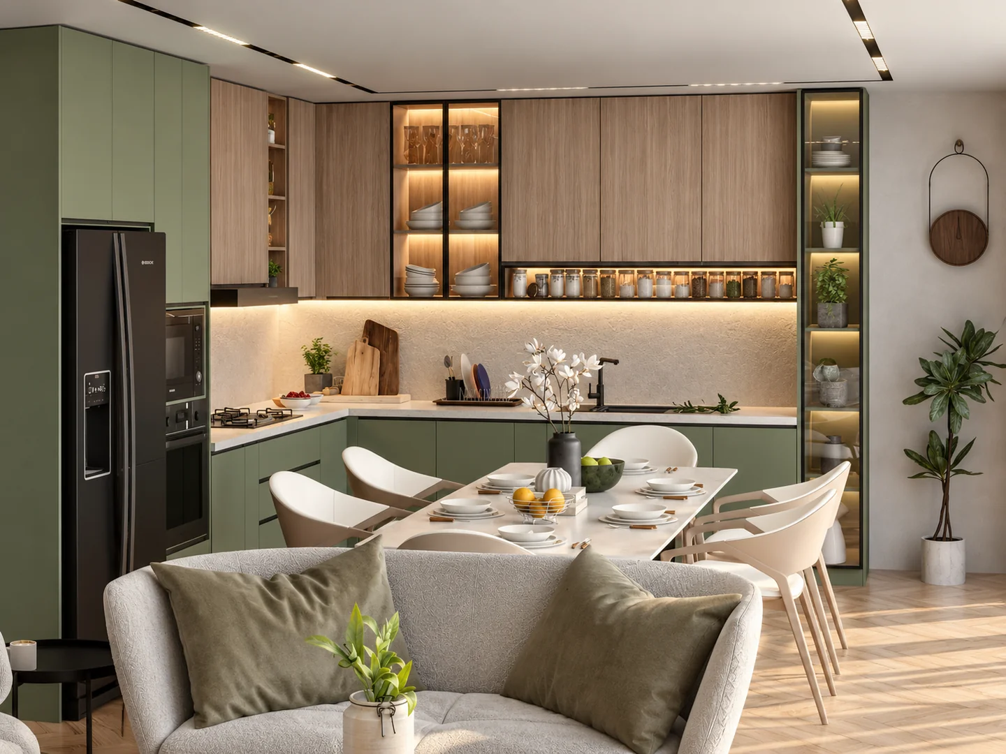 Green and oak L-shaped kitchen with illuminated glass cabinets and an adjoining dining area.
