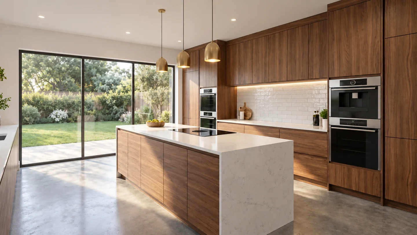 Walnut kitchen with a white stone island, pendant lights and large garden-facing doors.