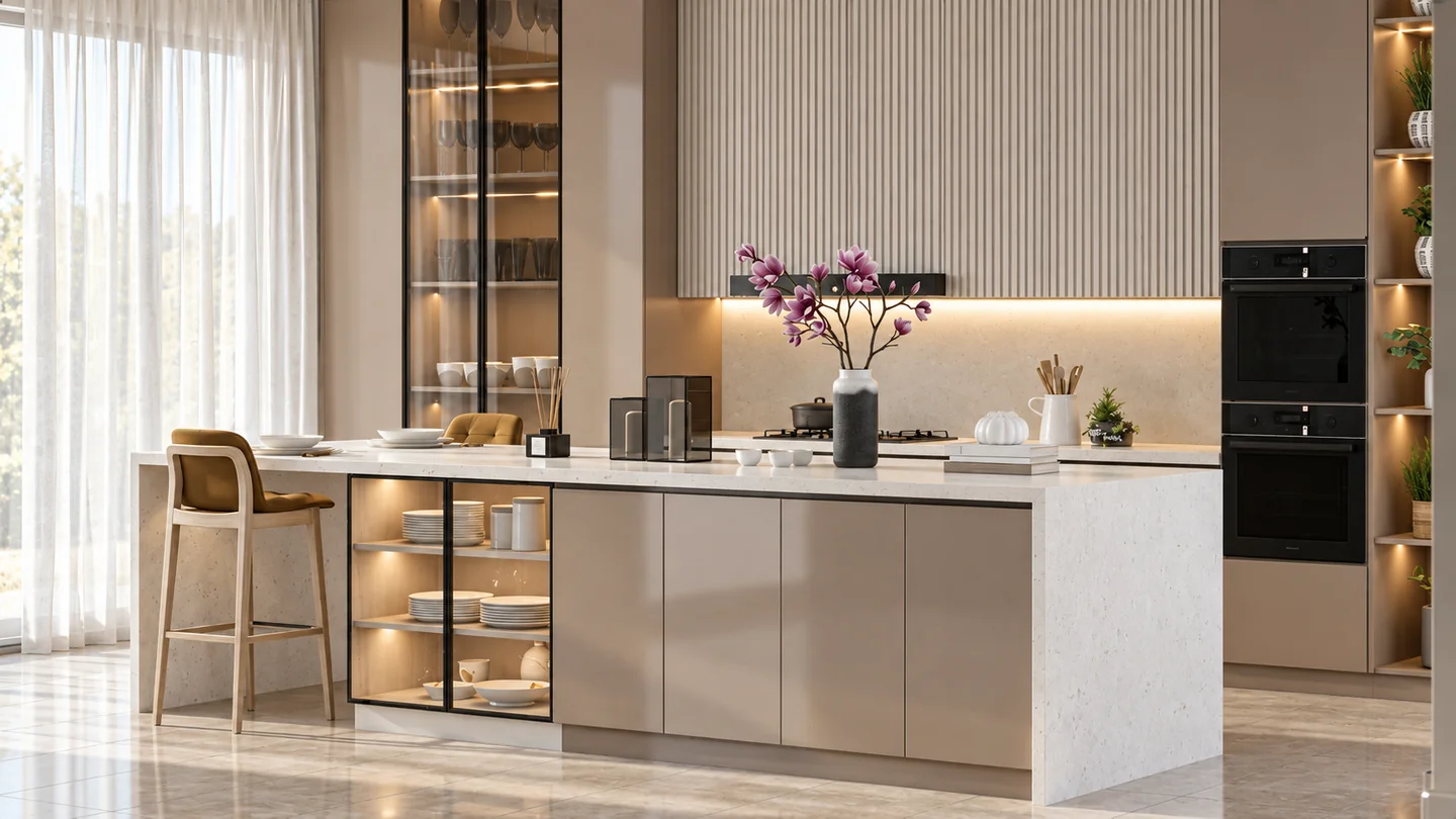 Warm neutral kitchen with a stone island, fluted wall cabinetry and illuminated glass storage.