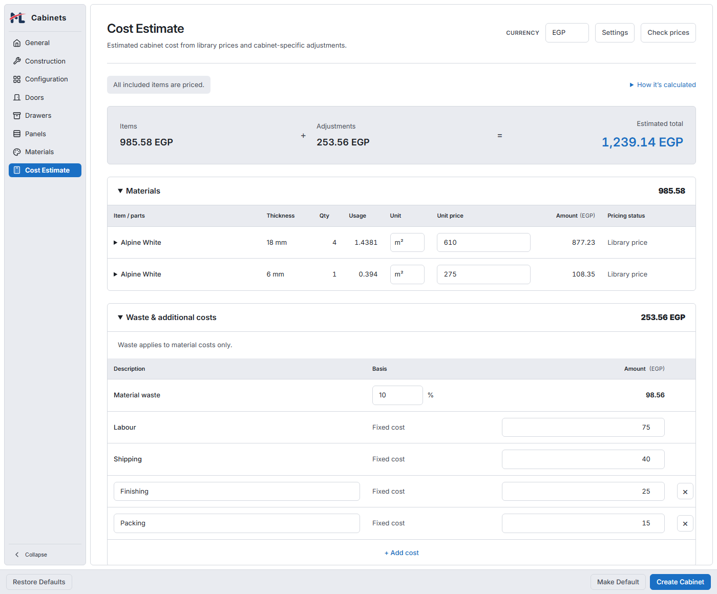 Cost Estimate worksheet with item subtotals, category breakdown and cabinet adjustments