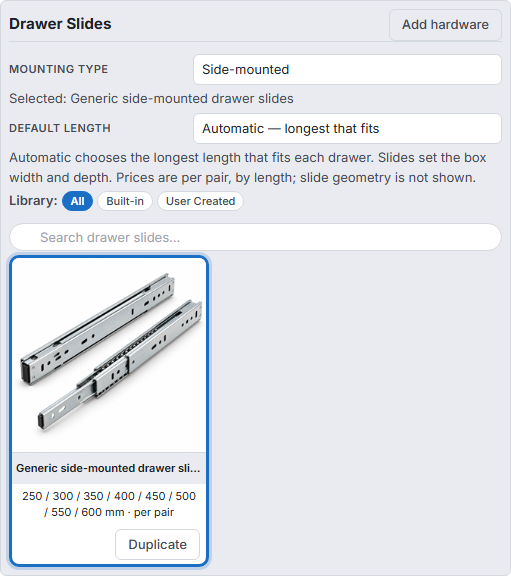 Drawer slides selector with side-mounted preset and automatic length setting