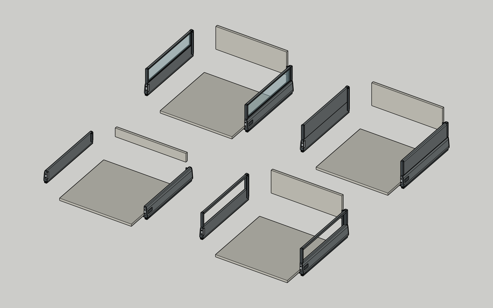 Exploded views showing the two side assemblies, bottom board and back board of each drawer system