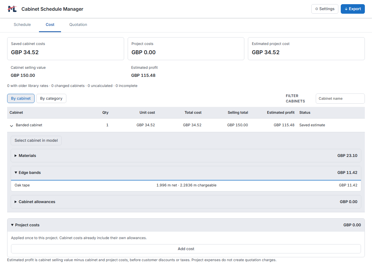 Schedule Cost view displaying expanded net and chargeable Edge bands lengths