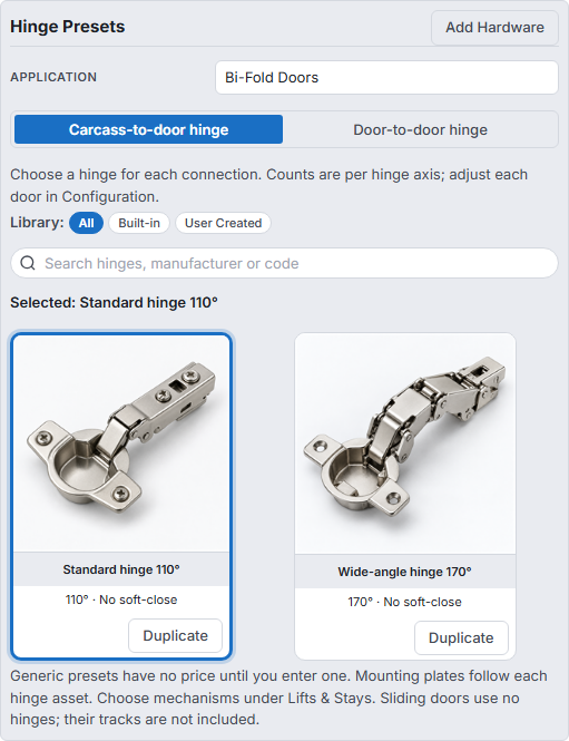Hinge selector for bifold doors showing separate carcass-to-door and door-to-door selections