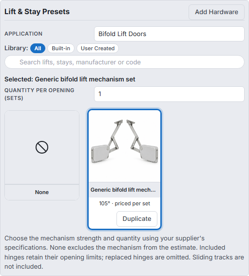Lifts and Stays selector showing a bifold lift mechanism and quantity per opening