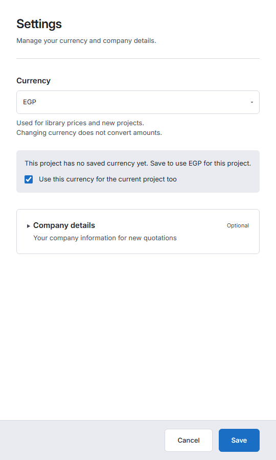 Settings with EGP selected and the option to save it as the current project currency