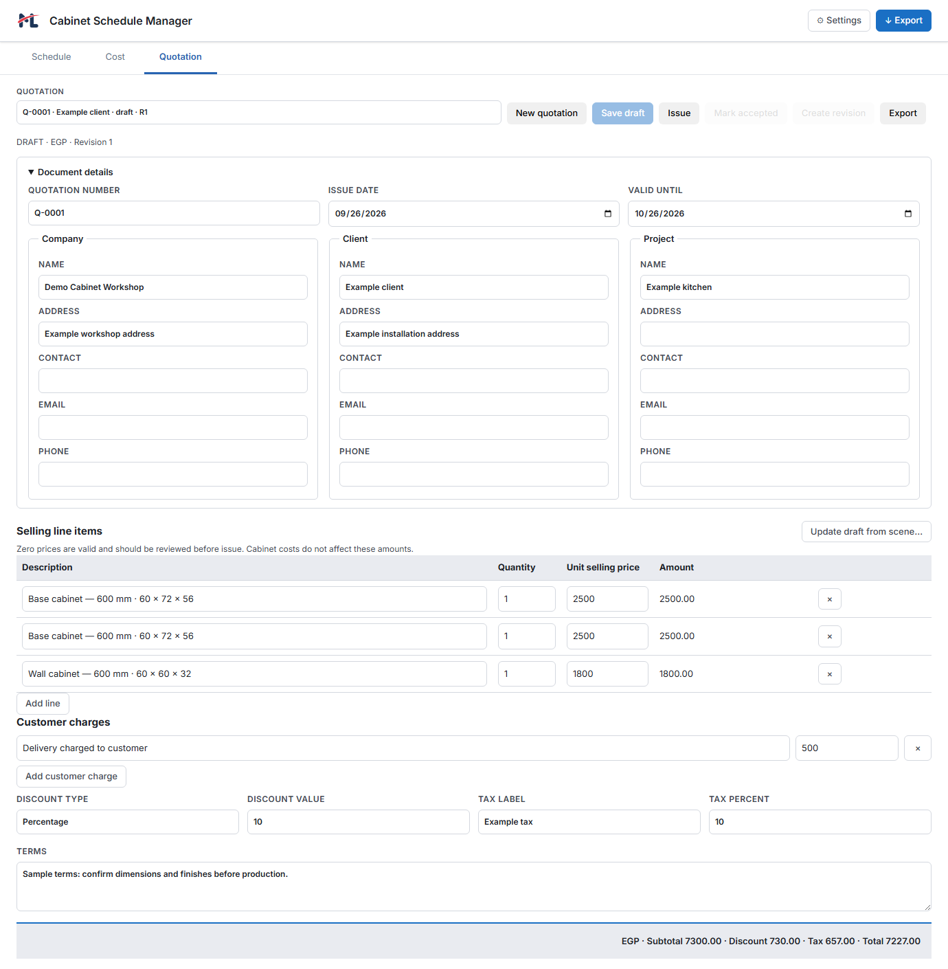 Saved quotation draft with company and client details, selling lines, customer charge, discount, tax and terms
