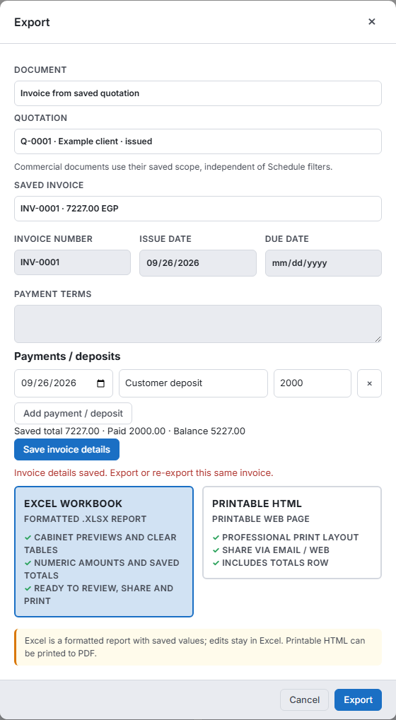 Shared Export popup set to an invoice with a saved deposit and balance due