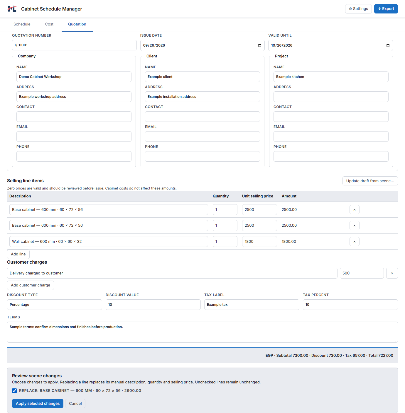 Quotation scene refresh review with an explicitly selected selling-price replacement