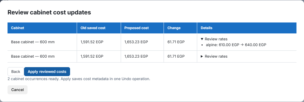 Batch cost review comparing old and proposed costs with expanded rate details