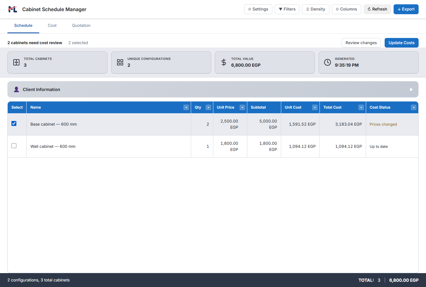 Schedule showing selling prices, saved costs, cost status and selected cabinet occurrences