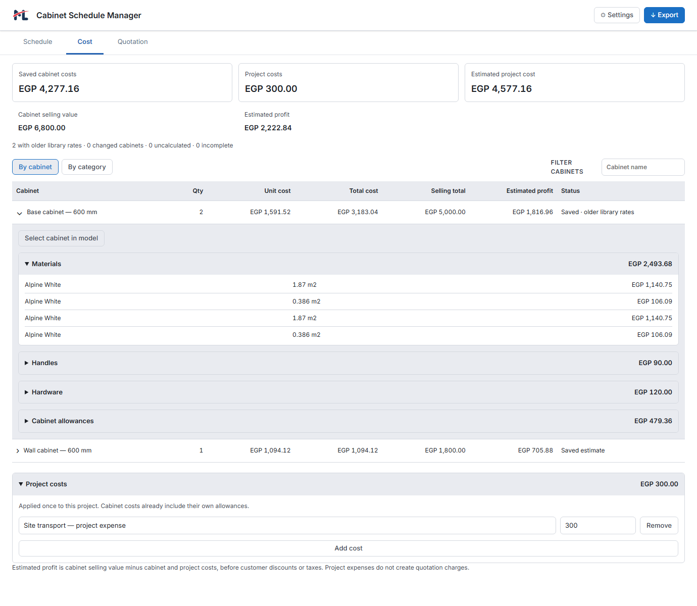 Cost sheet with project totals, a saved cabinet breakdown and a project expense