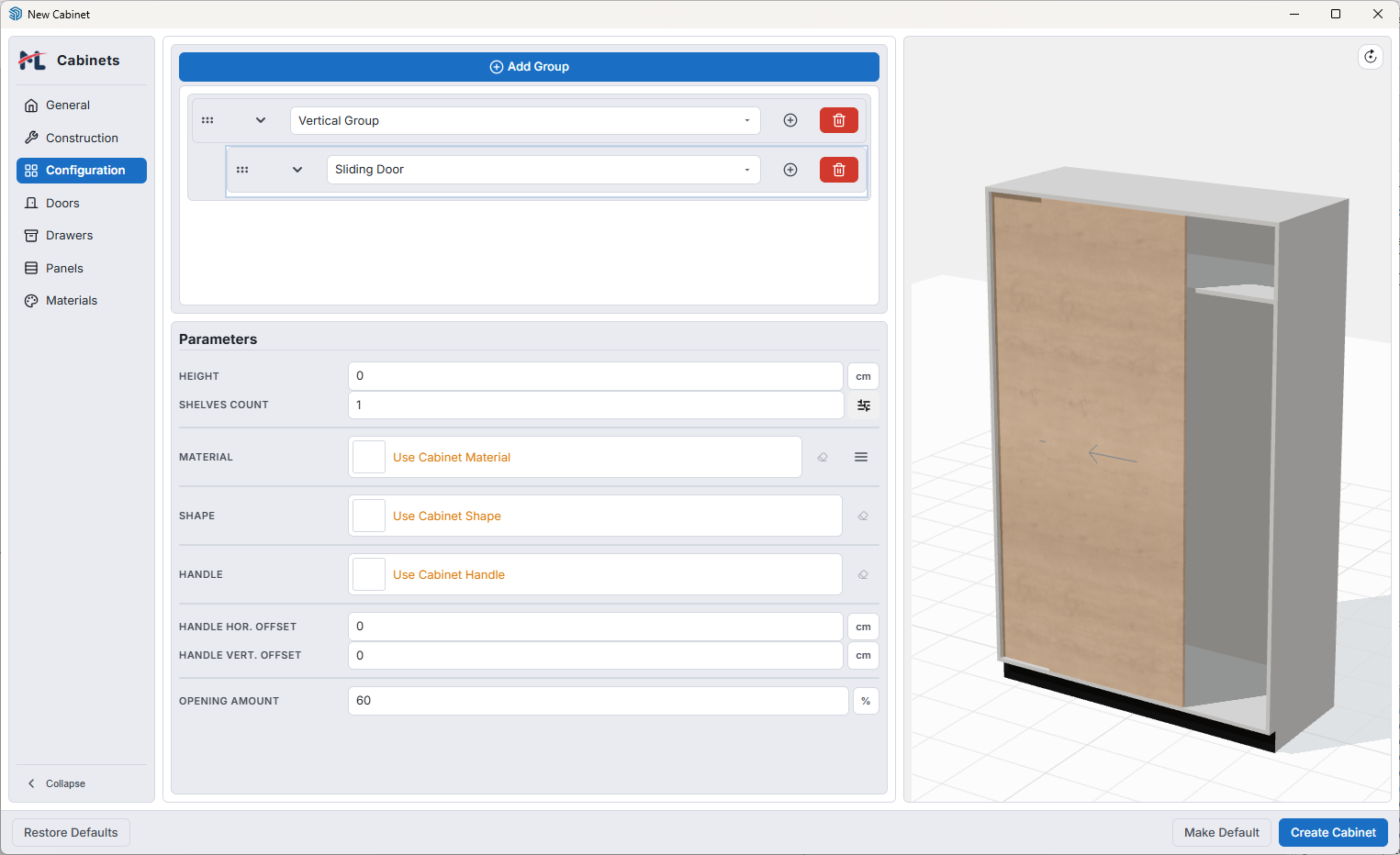 Sliding Door open in the New Cabinet preview
