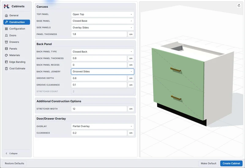 Current Construction tab showing back-panel and groove controls