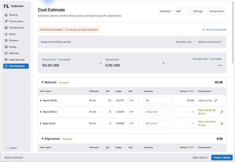 Current Cost Estimate tab highlighting unpriced groups and an incomplete estimate