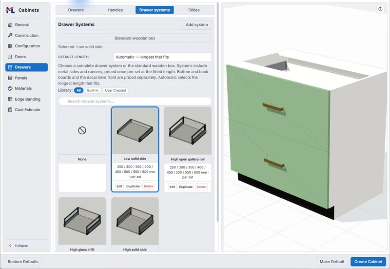 Current drawer-system selector with low-side and high-side presets