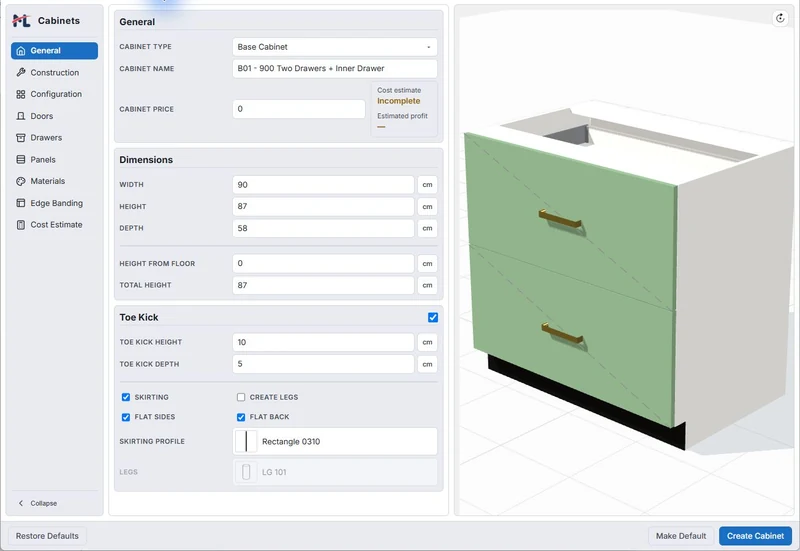 General tab with the example base cabinet dimensions