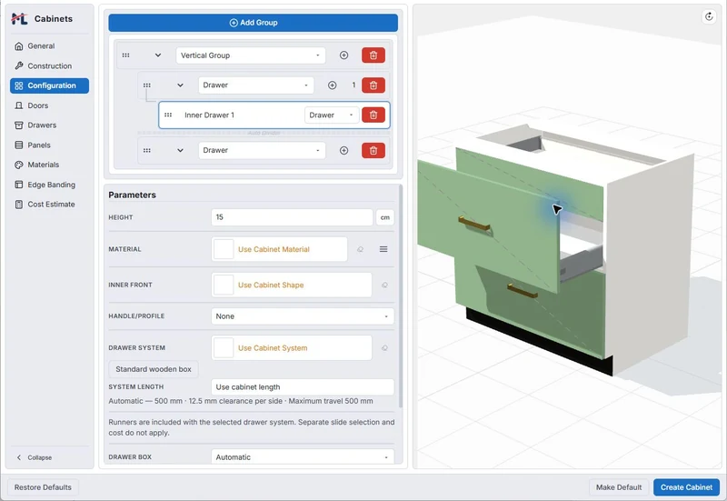 Configuration controls for an inner drawer