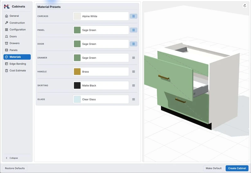 Independent finishes in the current Materials tab