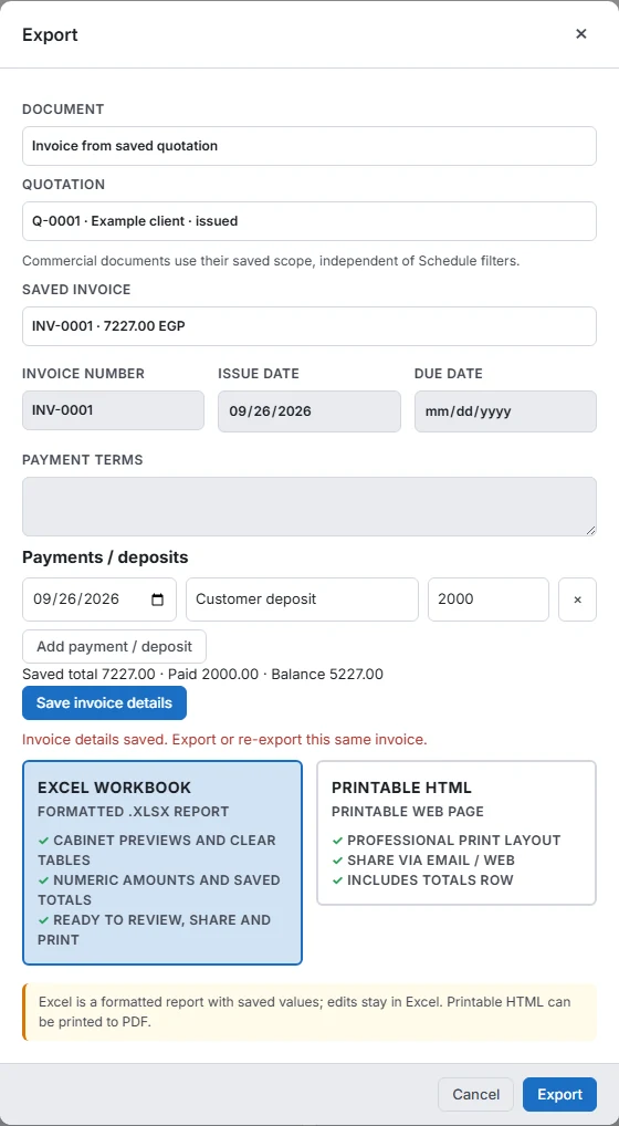 Example invoice export options including Excel and Printable HTML