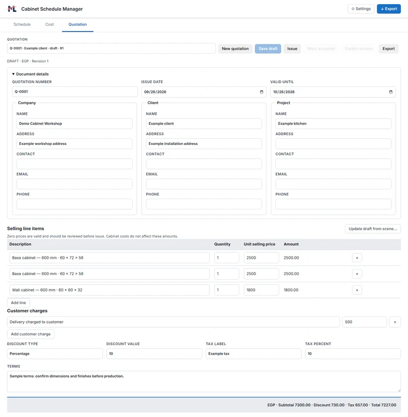 Example ML Cabinets quotation draft with fictional parties and EGP values