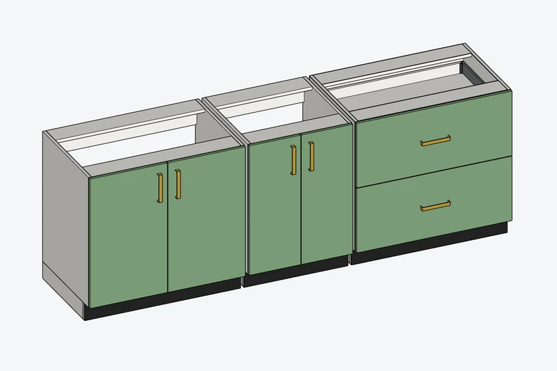Cabinet run with sage fronts before the finish transfer