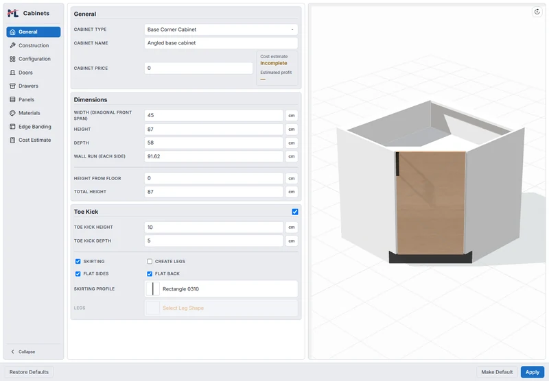 Angled base corner cabinet with dimensional controls