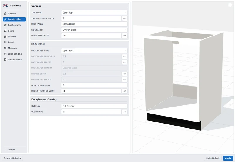 Separate top and back stretcher width controls