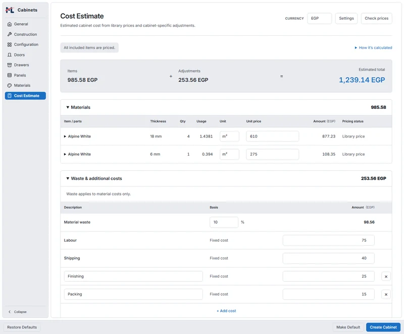 Cost Estimate worksheet with category breakdown and adjustments