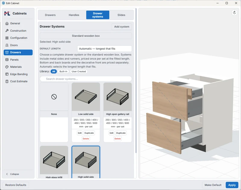 Drawer-system preset selection