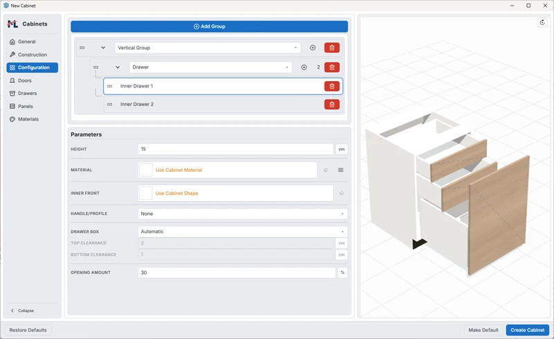 Nested inner drawers and their individual parameters