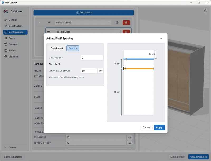 Custom shelf spacing and clearances