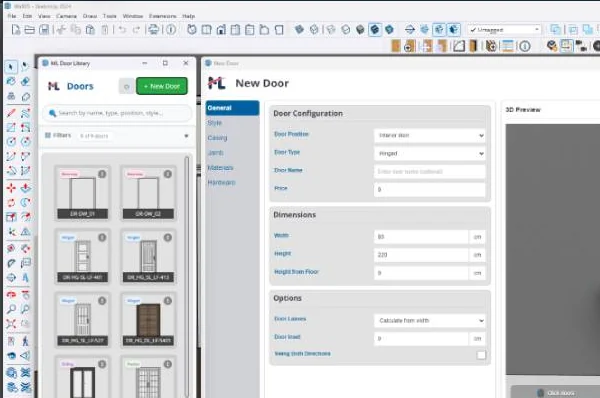 ML Doors New Door dialog showing door type, dimensions, and options beside the library