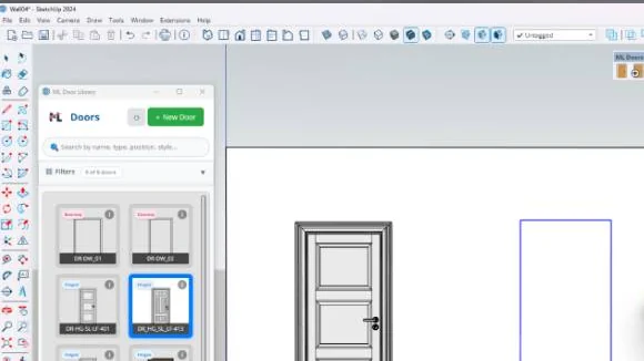 ML Doors library beside a placed door and an outlined wall opening in SketchUp