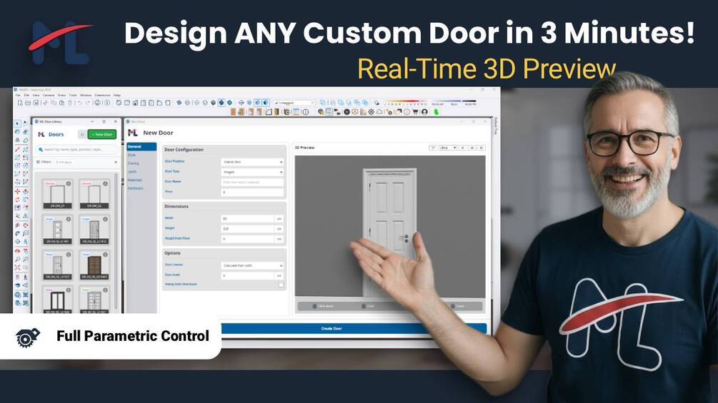 ML Doors configuration interface with a real-time three-dimensional door preview in SketchUp