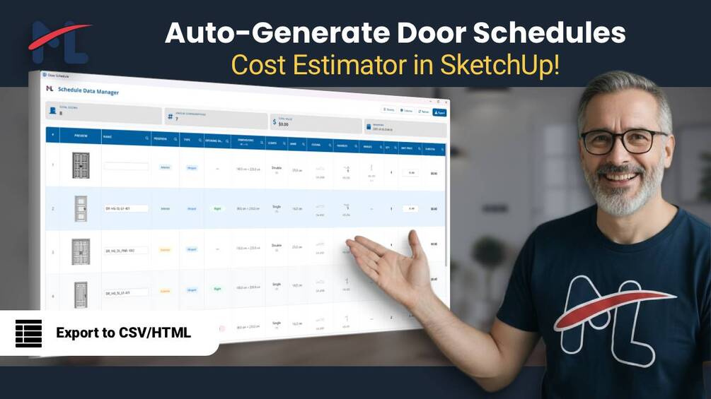 ML Doors Schedule Data Manager showing door records prepared for CSV and HTML export