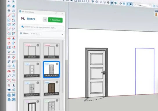 ML Doors wall placement interface with a placed door and previewed wall opening