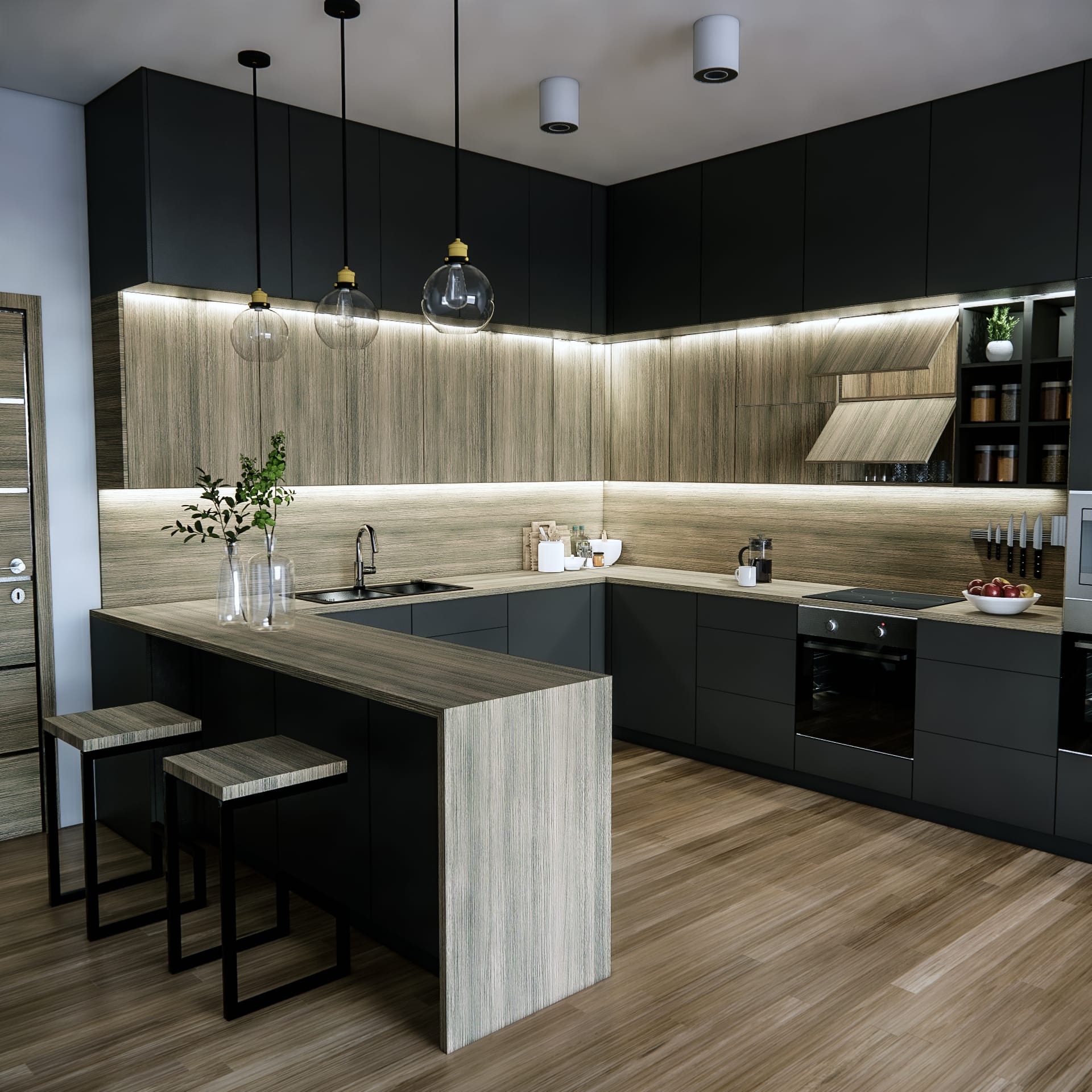 Full kitchen run with base and wall cabinets