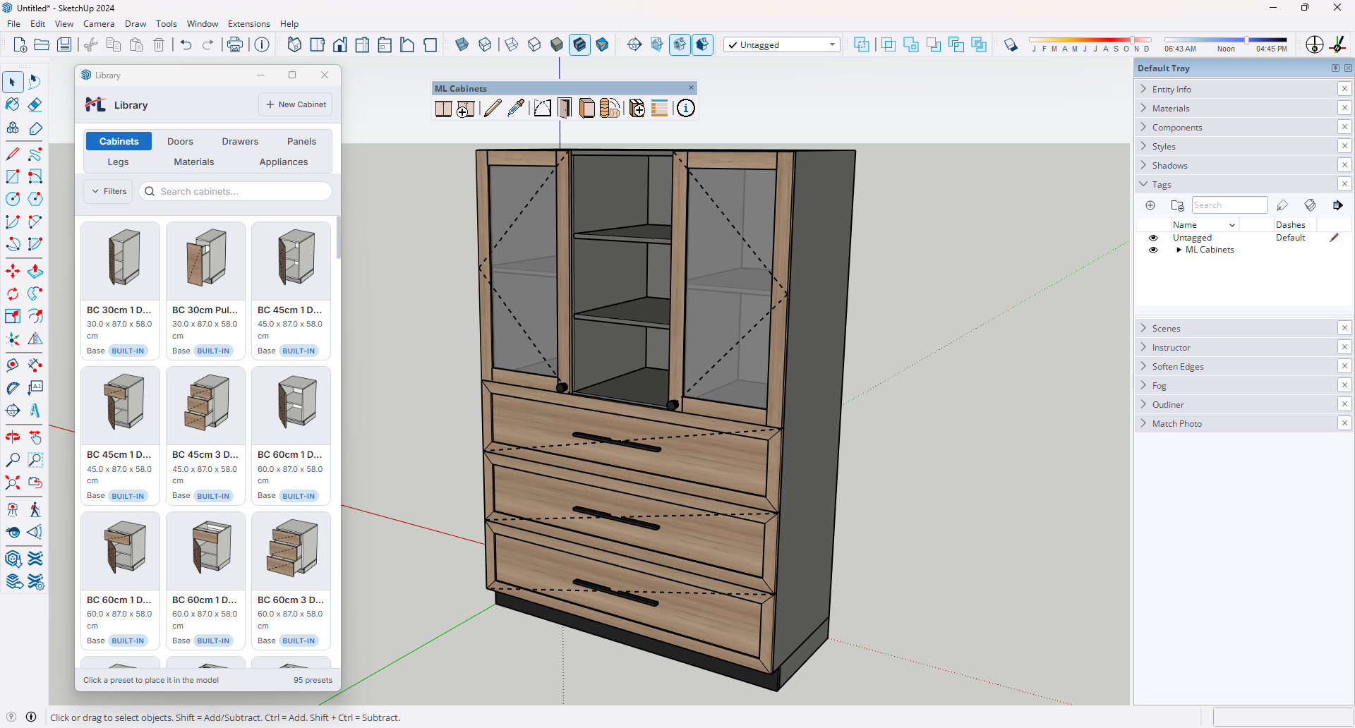ML Cabinets live 3D preview showing a configured cabinet with materials and hardware