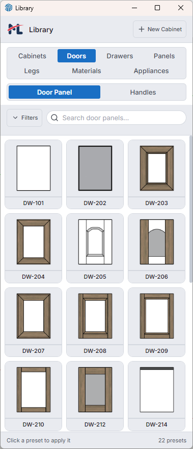 Asset Library — Door panels tab