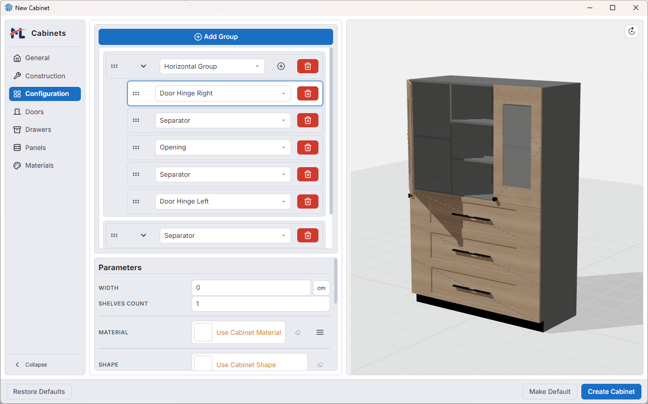 Configuration Tab — groups, items, drag-and-drop layout