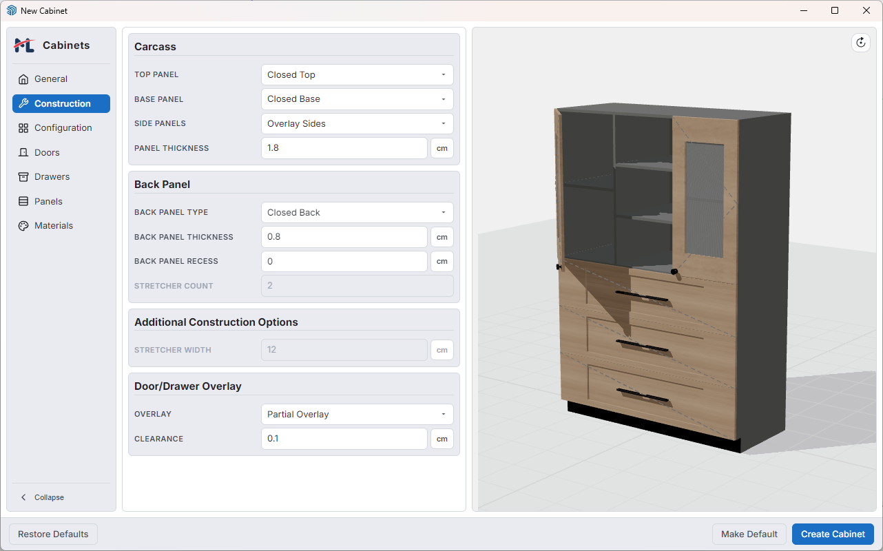 Construction Tab — overlay mode, panel thickness, and back panel settings