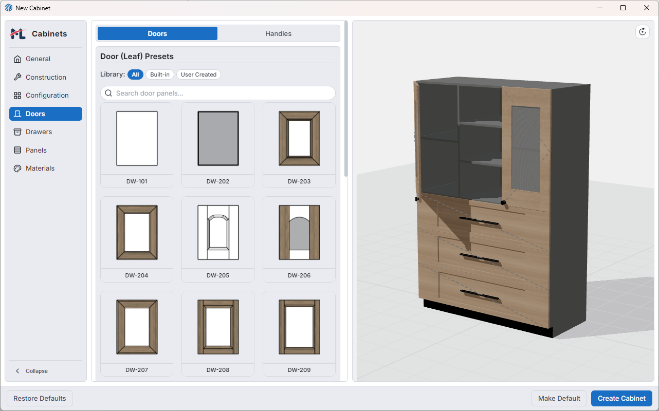 Doors Tab — door leaf shape presets