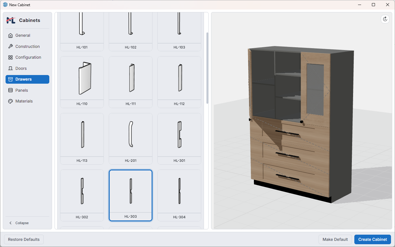 Drawers Tab — drawer handle presets
