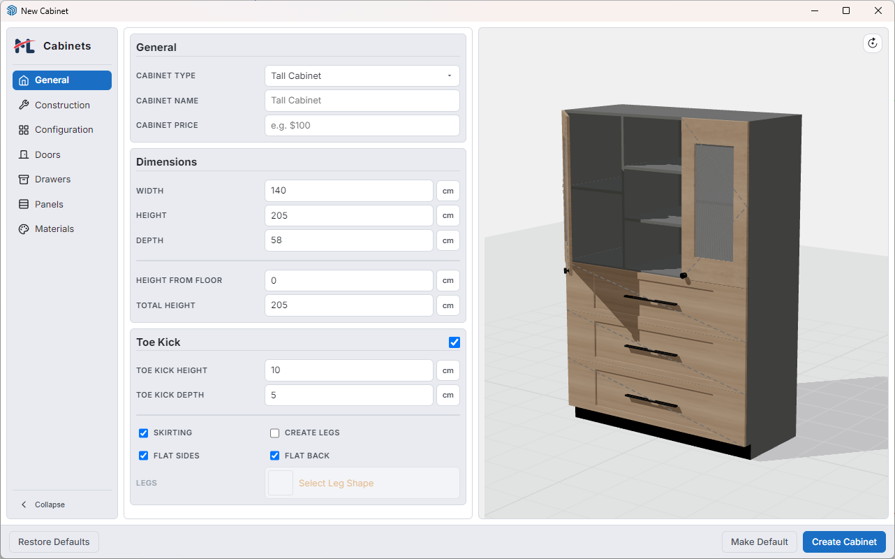 New Cabinet dialog showing seven-tab configuration panel with General tab active
