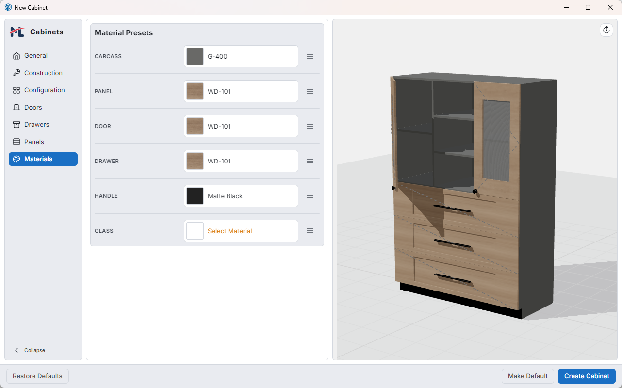 Materials Tab — assign finishes to every cabinet surface