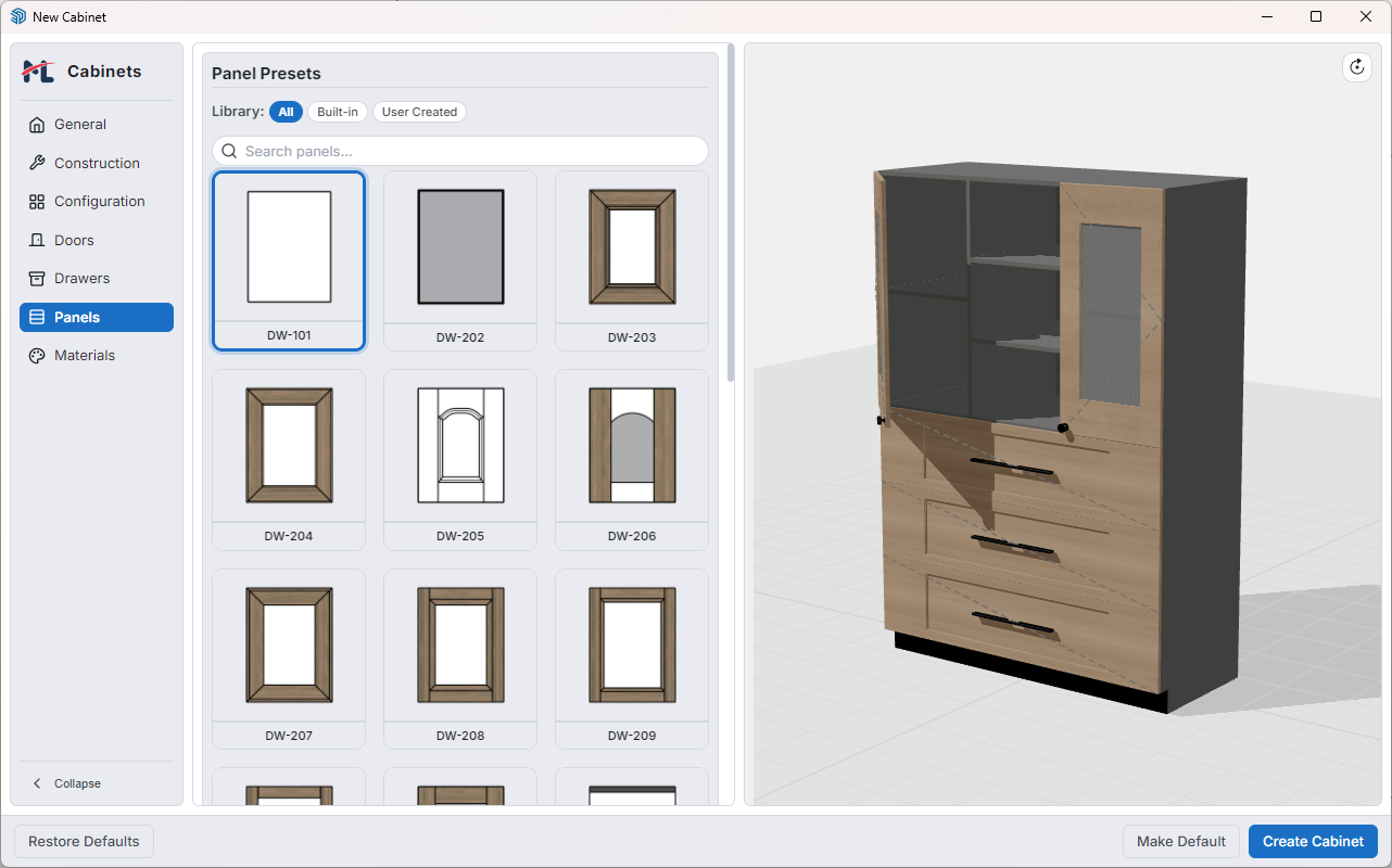 Panels Tab — door panel, drawer front, and end panel presets