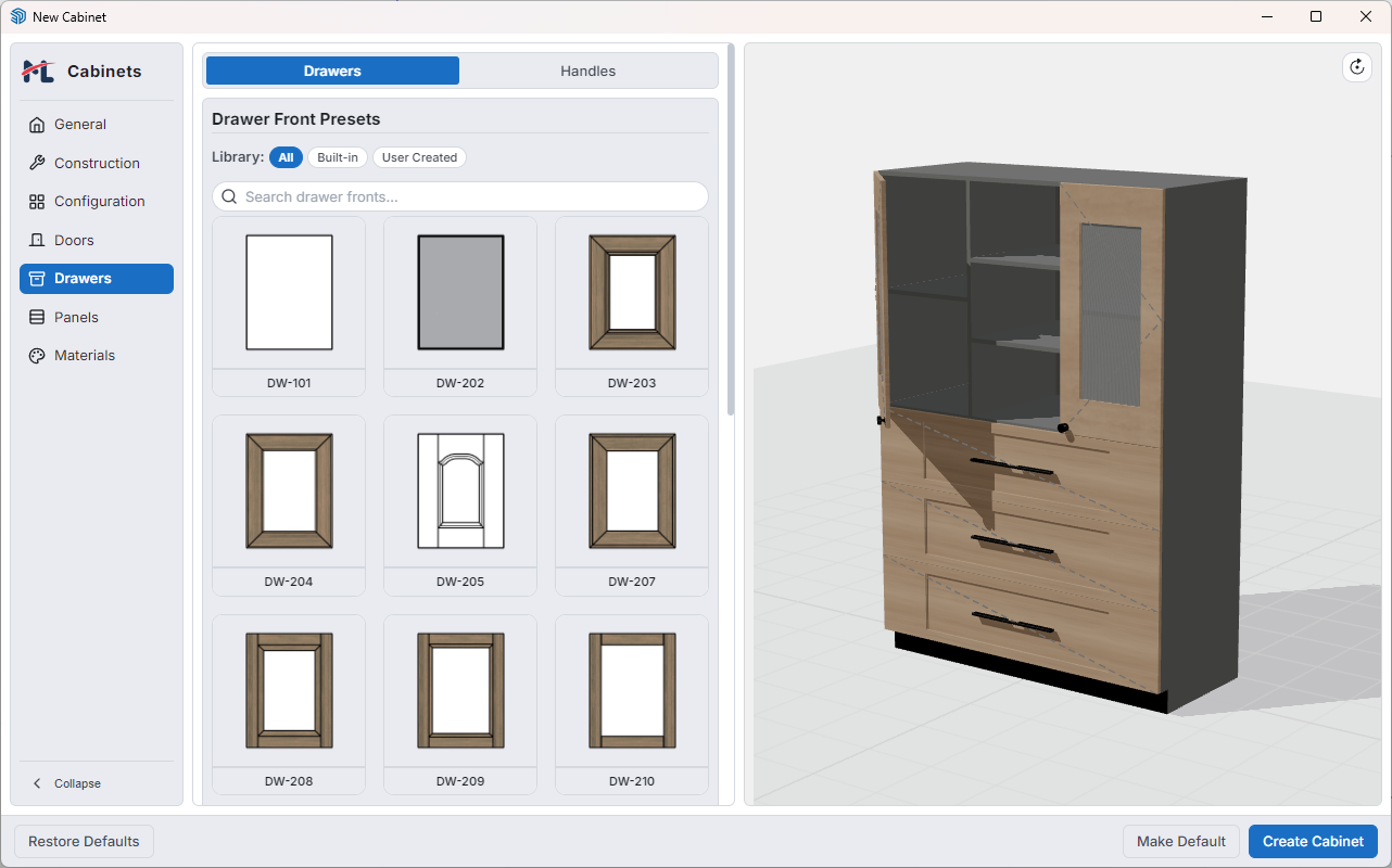 Drawers Tab — drawer face shape presets
